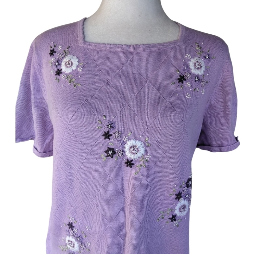 Vintage Alfred Dunner 90's Floral Embroidered Cotton Blend Blouse Size Large P - Picture 2 of 7